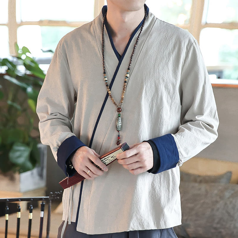 Buddha Stones Fall Colorblock Langarmhemd Leinen Schnürung Herren Kleidung - FloralWeiß - US/ UK/AU46, EU56 (5XL) - image 10