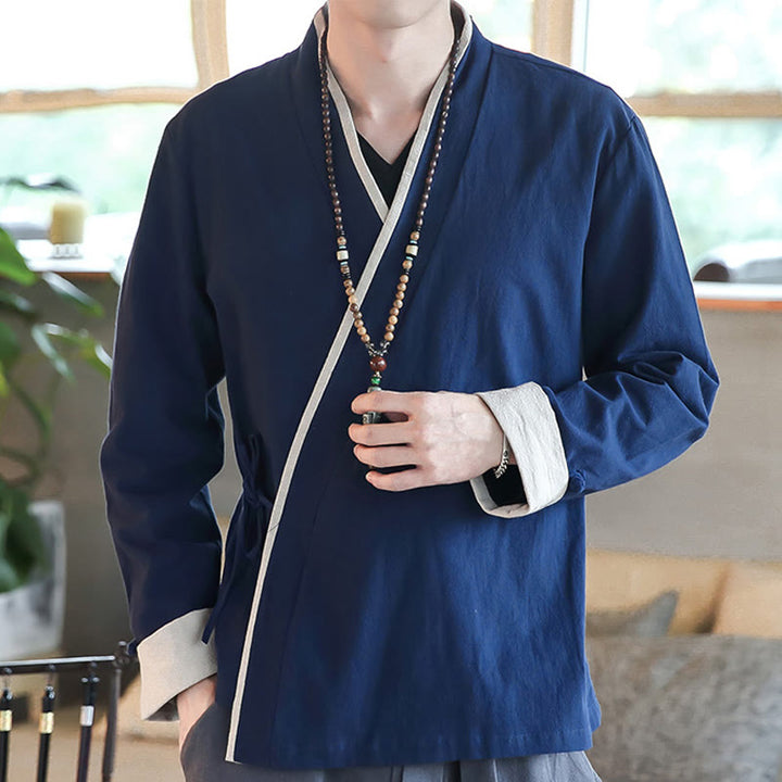 Buddha Stones Fall Colorblock Langarmhemd Leinen Schnürung Herren Kleidung - SteelBlue - US/ UK/AU46, EU56 (5XL) - image 0