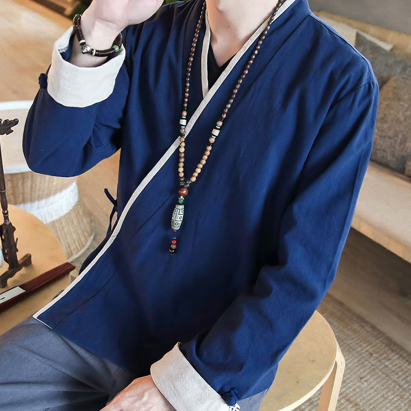 Buddha Stones Fall Colorblock Langarmhemd Leinen Schnürung Herren Kleidung - image 3