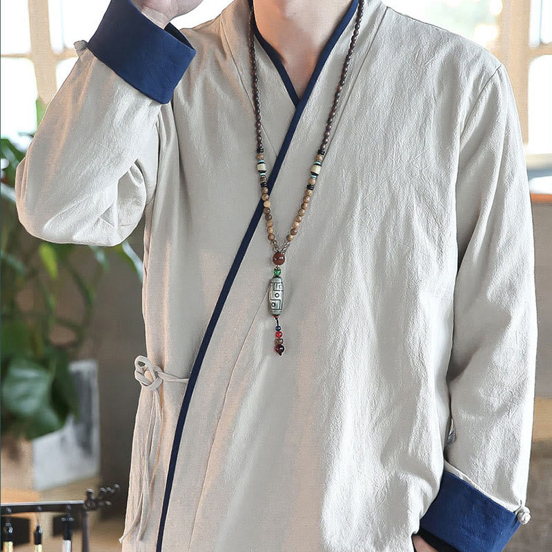 Buddha Stones Fall Colorblock Langarmhemd Leinen Schnürung Herren Kleidung - image 11