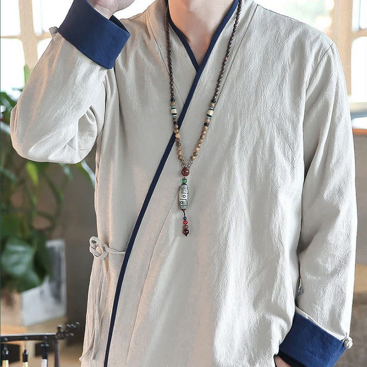 Buddha Stones Fall Colorblock Langarmhemd Leinen Schnürung Herren Kleidung - image 11