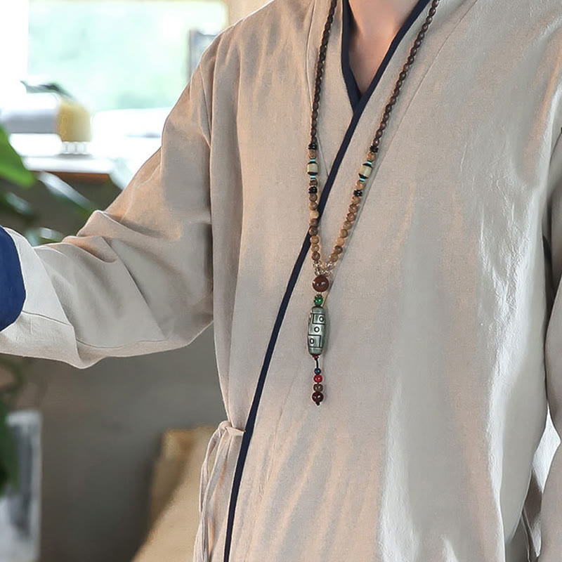 Buddha Stones Fall Colorblock Langarmhemd Leinen Schnürung Herren Kleidung - image 14