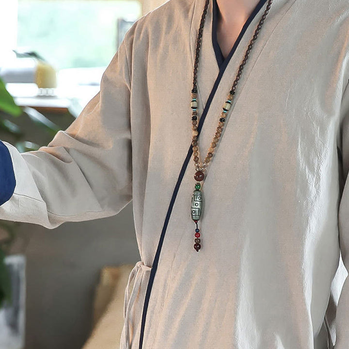 Buddha Stones Fall Colorblock Langarmhemd Leinen Schnürung Herren Kleidung - image 14