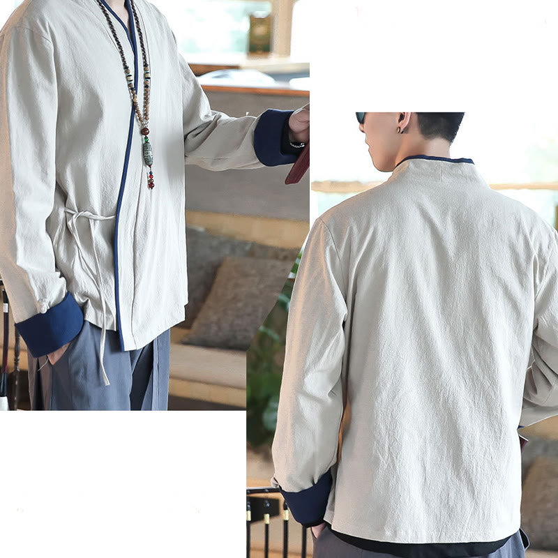 Buddha Stones Fall Colorblock Langarmhemd Leinen Schnürung Herren Kleidung - image 16