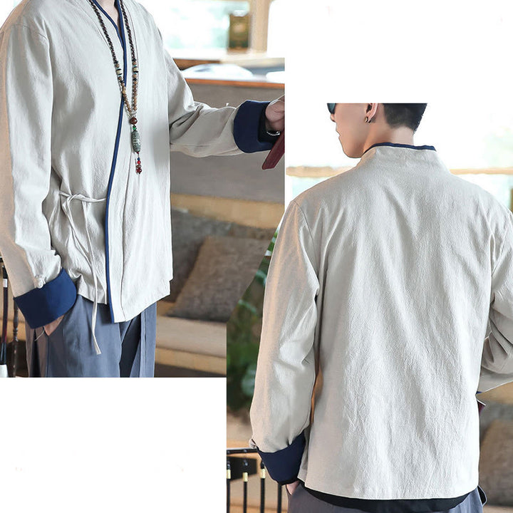 Buddha Stones Fall Colorblock Langarmhemd Leinen Schnürung Herren Kleidung - image 16