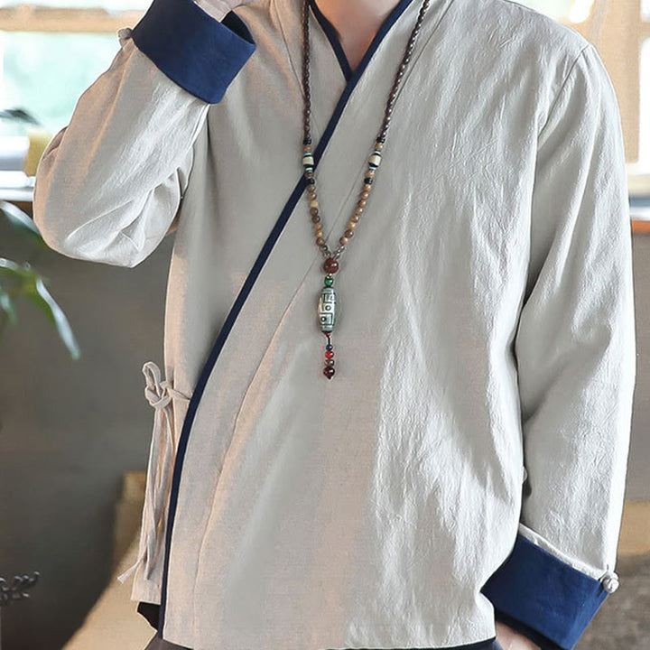 Buddha Stones Fall Colorblock Langarmhemd Leinen Schnürung Herren Kleidung - image 15