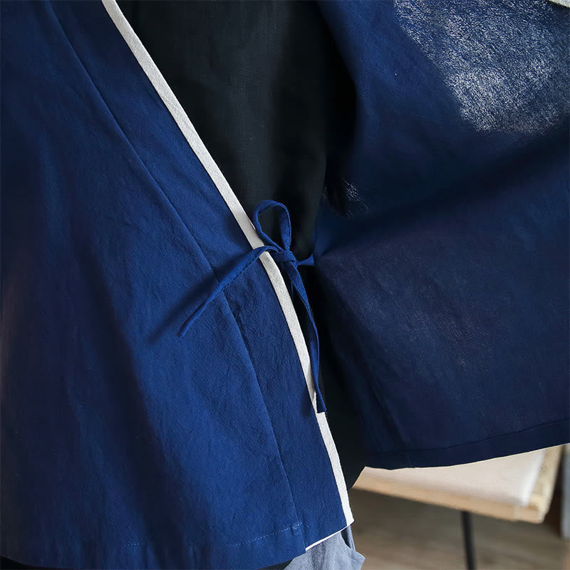 Buddha Stones Fall Colorblock Langarmhemd Leinen Schnürung Herren Kleidung - image 9