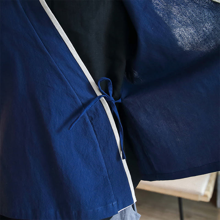 Buddha Stones Fall Colorblock Langarmhemd Leinen Schnürung Herren Kleidung - image 9