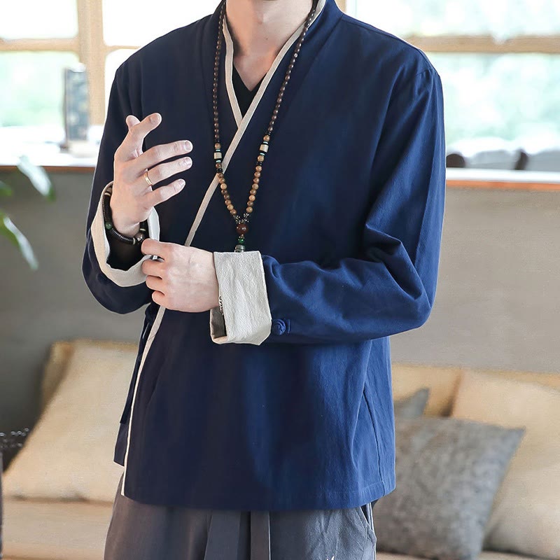 Buddha Stones Fall Colorblock Langarmhemd Leinen Schnürung Herren Kleidung - image 2