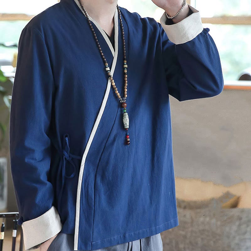 Buddha Stones Fall Colorblock Langarmhemd Leinen Schnürung Herren Kleidung - image 1