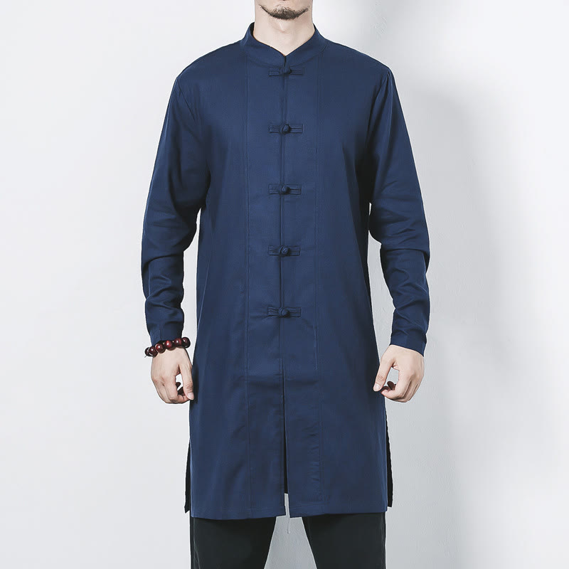 Buddha Stones Fall Simple Frog-Button Leinen Herren Mittellanger Mantel Zen Kleidung - image 1