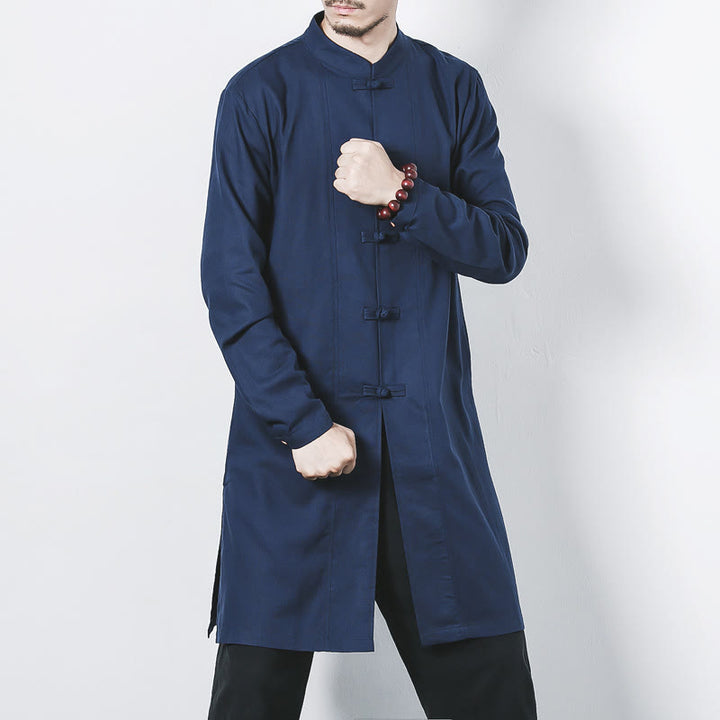 Buddha Stones Fall Simple Frog-Button Leinen Herren Mittellanger Mantel Zen Kleidung - Stahlblau - US/ UK/AU46，EU56 (5XL) - image 0