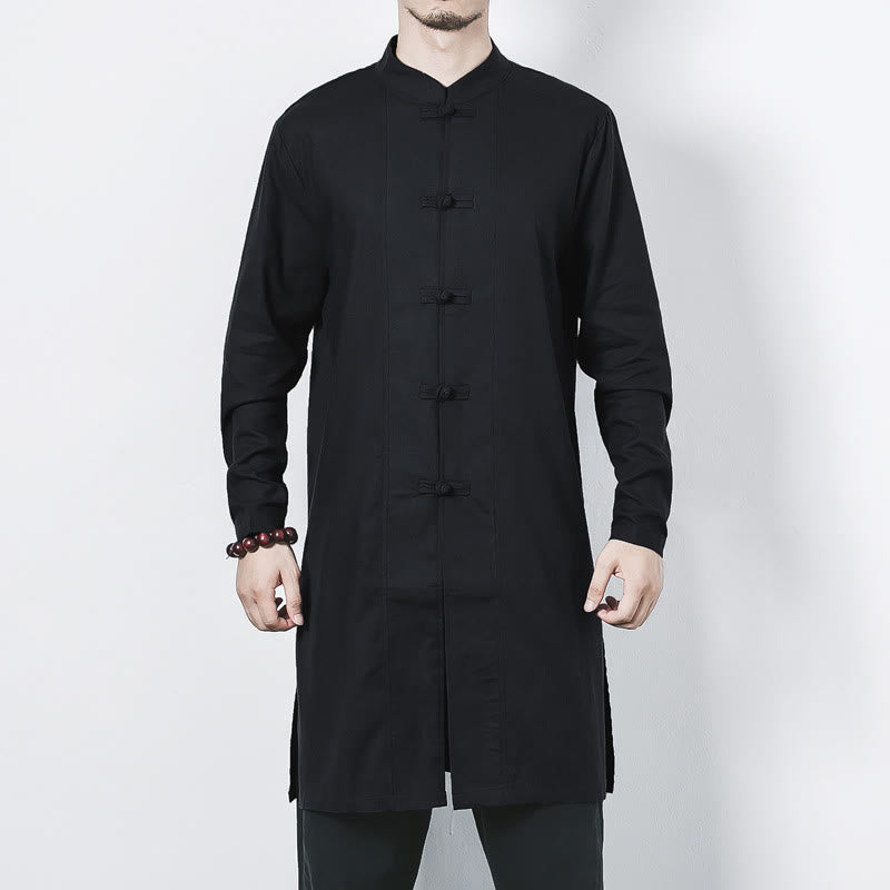 Buddha Stones Fall Simple Frog-Button Leinen Herren Mittellanger Mantel Zen Kleidung - image 17