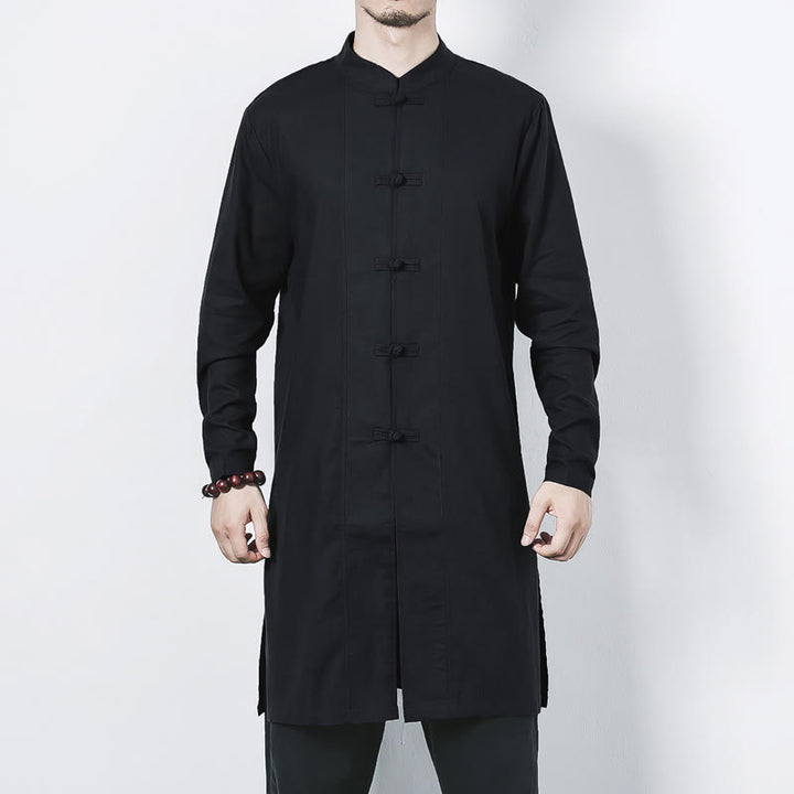 Buddha Stones Fall Simple Frog-Button Leinen Herren Mittellanger Mantel Zen Kleidung - image 17