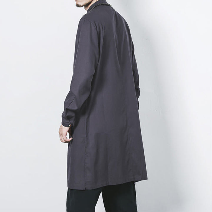 Buddha Stones Fall Simple Frog-Button Leinen Herren Mittellanger Mantel Zen Kleidung - image 24