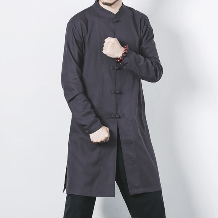 Buddha Stones Fall Simple Frog-Button Leinen Herren Mittellanger Mantel Zen Kleidung - Grau - US/ UK/AU46，EU56 (5XL) - image 22