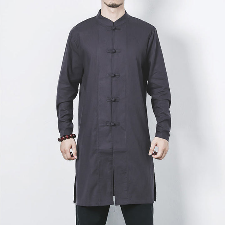 Buddha Stones Fall Simple Frog-Button Leinen Herren Mittellanger Mantel Zen Kleidung - image 23