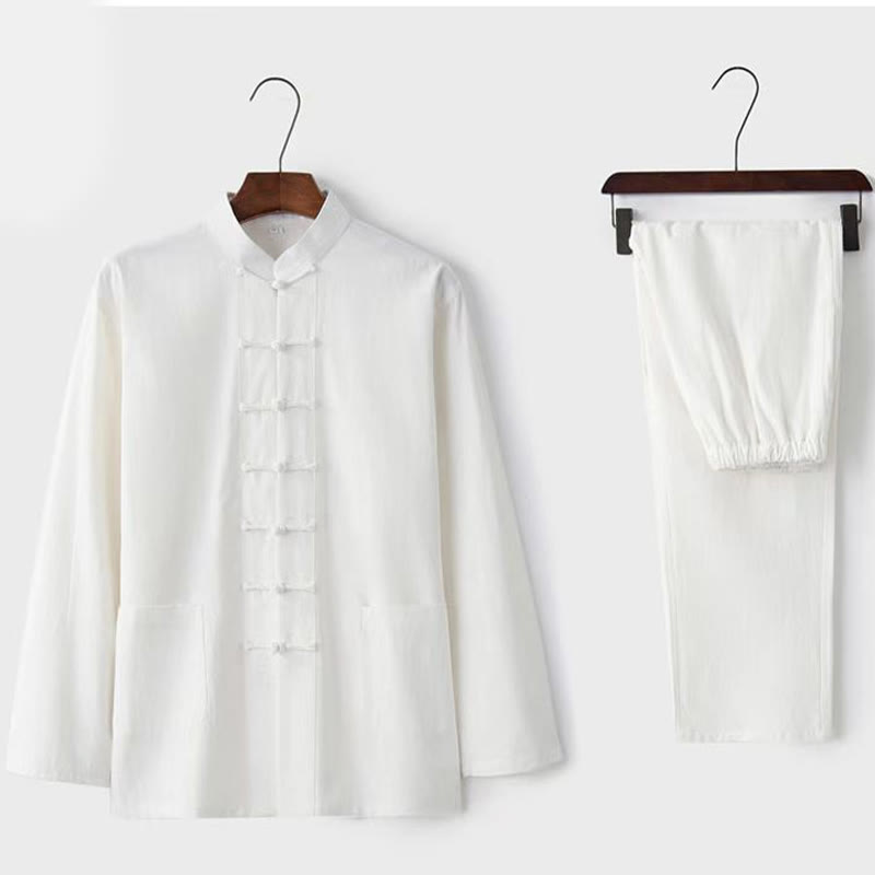 Buddha Stones 2-teiliges Tang-Anzug-Set mit traditionellen Froschknopf-Uniformen, langärmeligem Hemd und Hose für Herren - Weiß - US/ UK/AU44, EU54 (5XL) - image 1