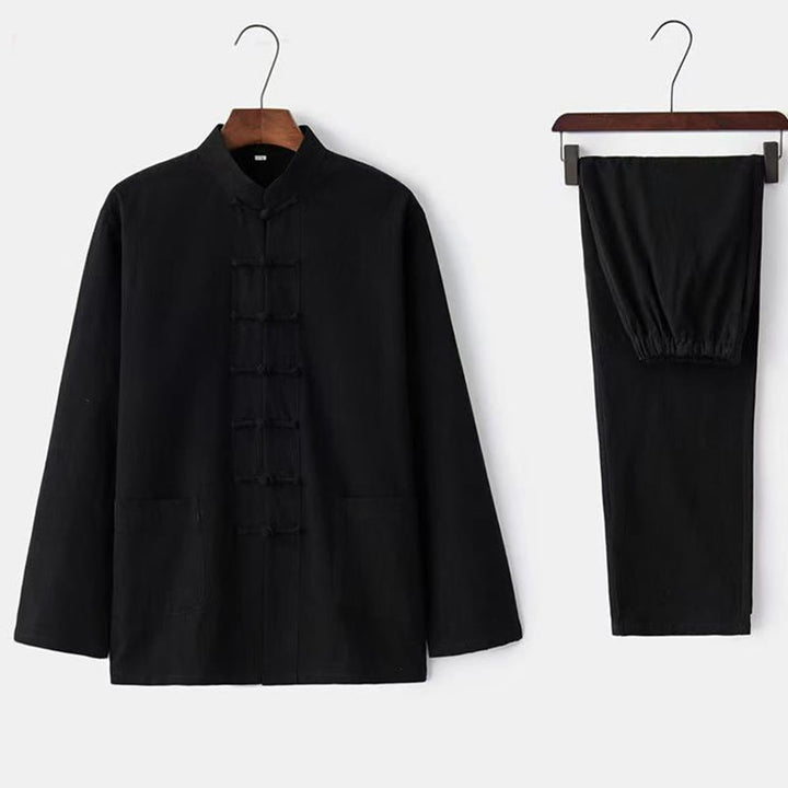 Buddha Stones 2-teiliges Tang-Anzug-Set mit traditionellen Froschknopf-Uniformen, langärmeligem Hemd und Hose für Herren - Schwarz - US/ UK/AU44, EU54 (5XL) - image 3