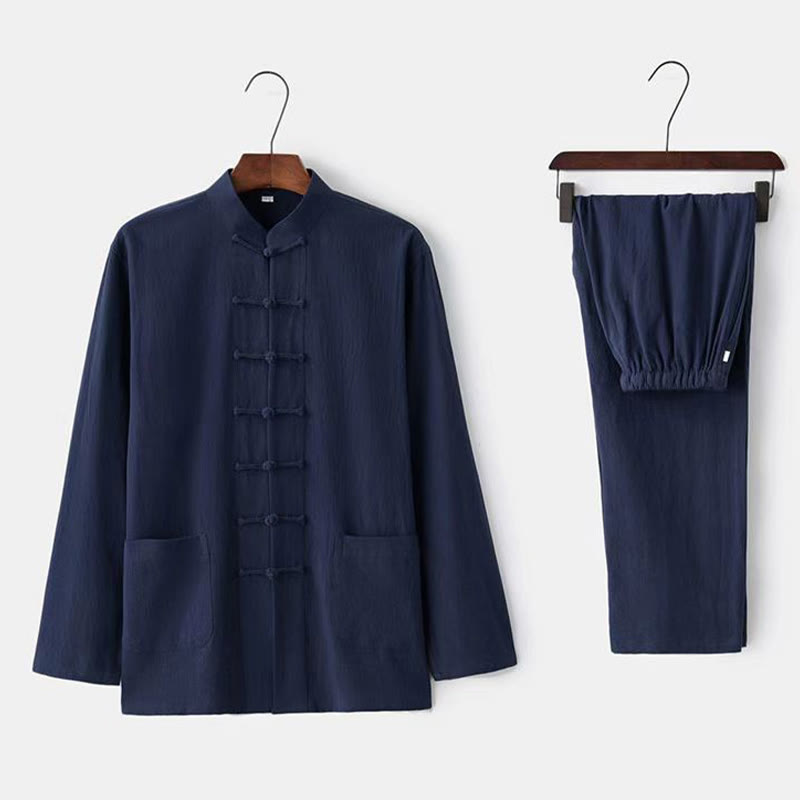 Buddha Stones 2-teiliger Tang-Anzug, traditionelle Froschknopf-Uniform, langärmeliges Hemd und Hose, Herren-Set - Marine - US/ UK/AU46，EU56 (5XL) - image 13