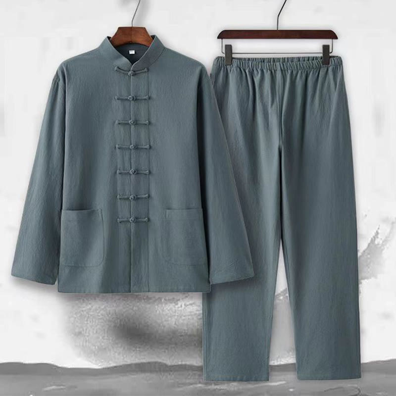 Buddha Stones 2-teiliger Tang-Anzug, traditionelle Froschknopf-Uniform, langärmeliges Hemd und Hose, Herren-Set - image 7