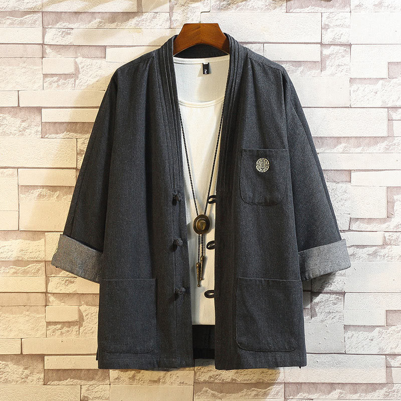 Buddha Stones Herren Tang-Anzug mit Froschknöpfen, Dreiviertelärmel, Jacke, Hemd mit Taschen - Schwarz - US/ UK/AU46，EU56 (5XL) - image 0