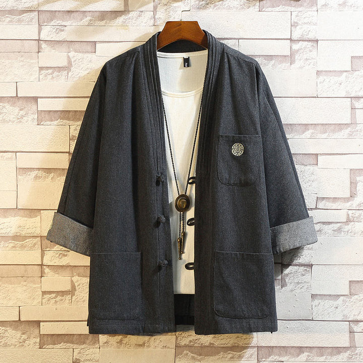 Buddha Stones Herren Tang-Anzug mit Froschknöpfen, Dreiviertelärmel, Jacke, Hemd mit Taschen - Schwarz - US/ UK/AU46，EU56 (5XL) - image 0
