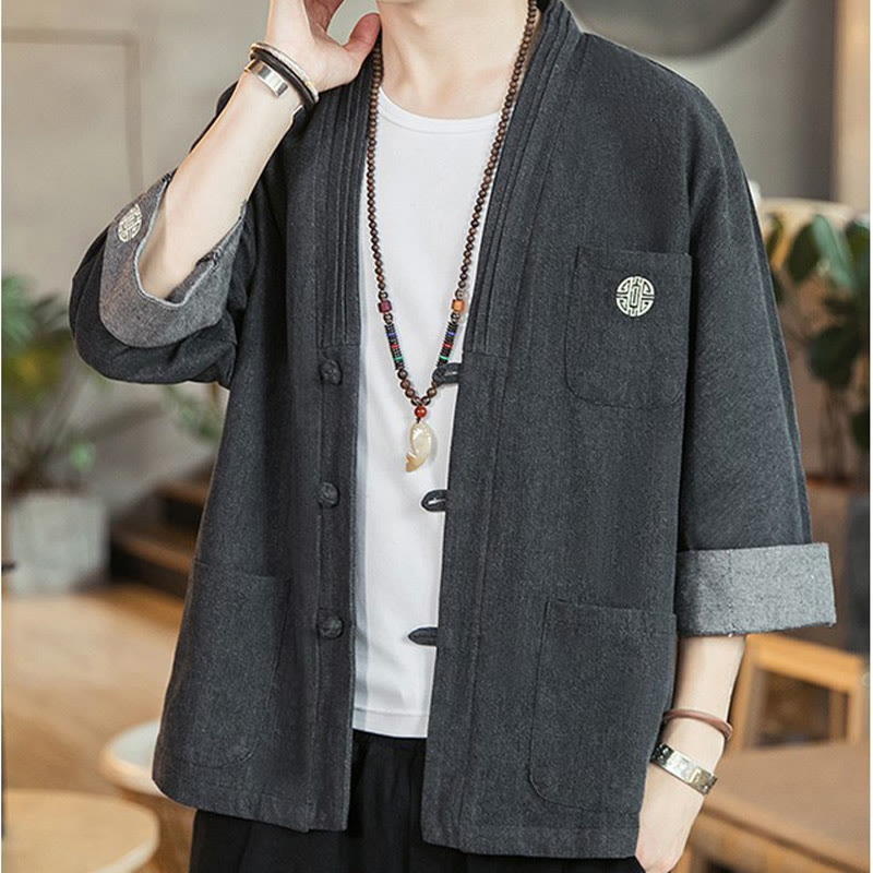 Buddha Stones Herren-Kimono mit Froschknopfleiste, Dreiviertelärmeln und Taschen - image 2