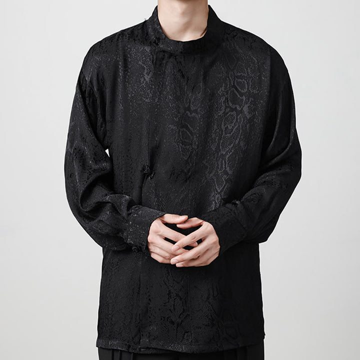 Buddha Stones Fall Jacquard Langarmhemd mit Froschknöpfen Herren Kleidung - Schwarz - US/ UK/AU46，EU56 (5XL) - image 11