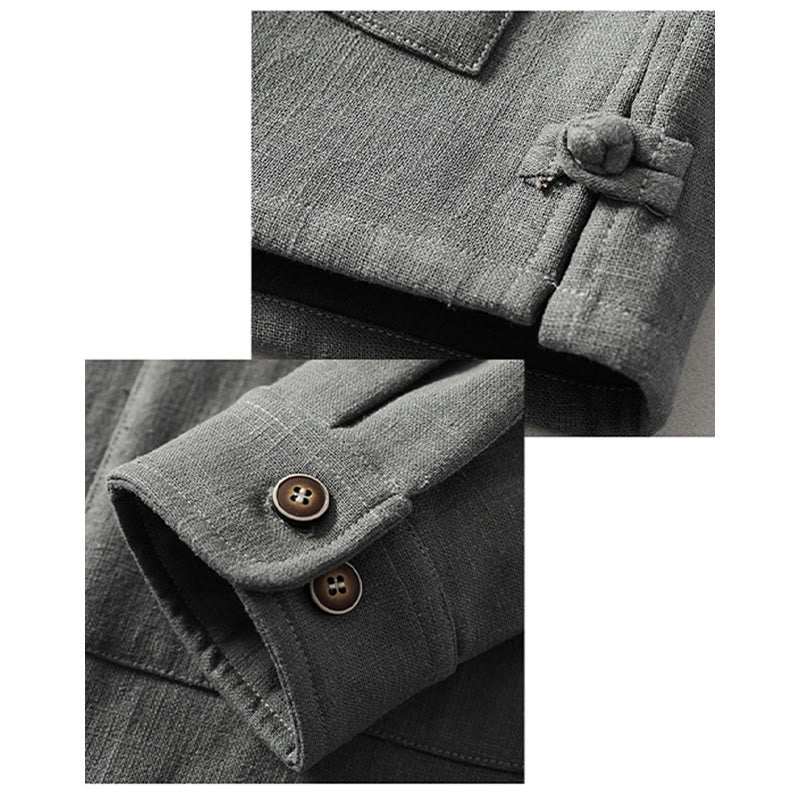 Buddha Stones Herren-Jacke mit Knopf, Ramie-Leinen, Baumwollfleece, gefüttert, mit Taschen