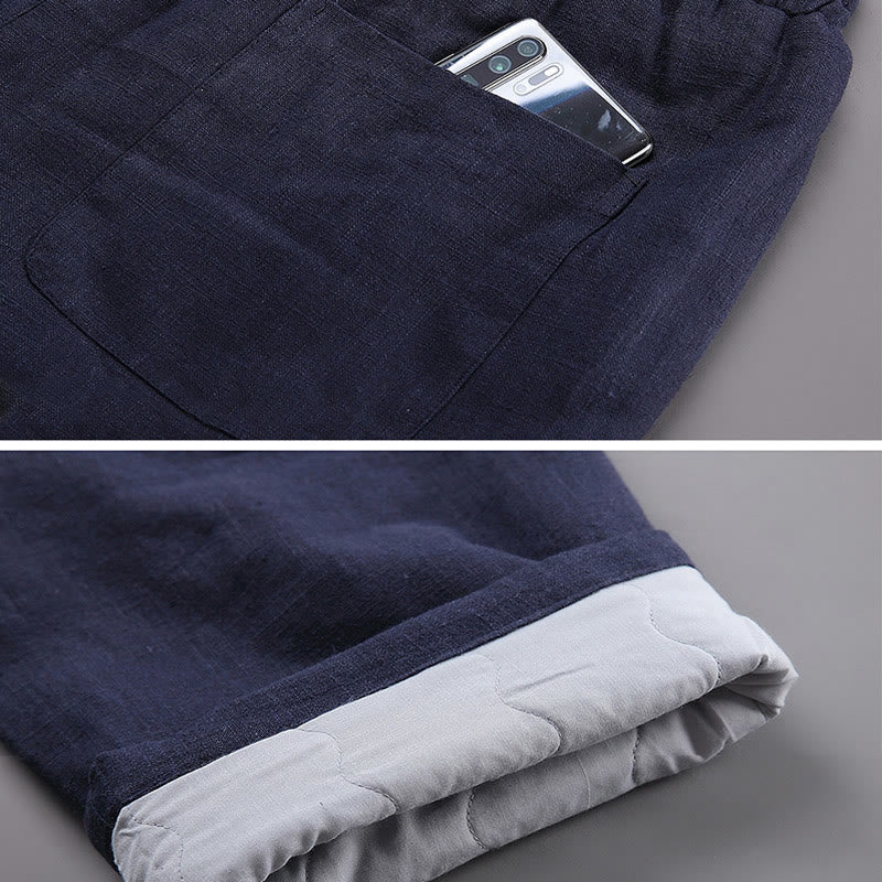 Buddha Stones Winter Herren Fleece gefütterte Leinenhose mit Kordelzug und Taschen - image 5