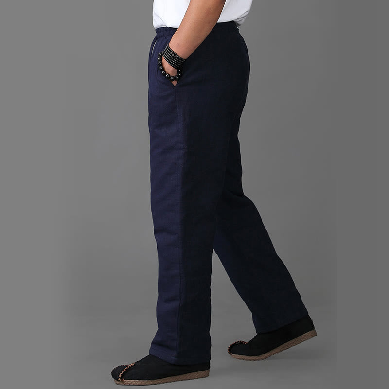 Buddha Stones Winter Herren Fleece gefütterte Leinenhose mit Kordelzug und Taschen - image 3