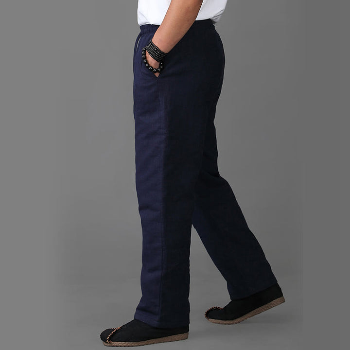 Buddha Stones Winter Herren Fleece gefütterte Leinenhose mit Kordelzug und Taschen - image 3