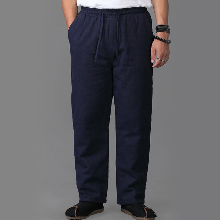 Buddha Stones Winter Herren Fleece gefütterte Leinenhose mit Kordelzug und Taschen - image 2