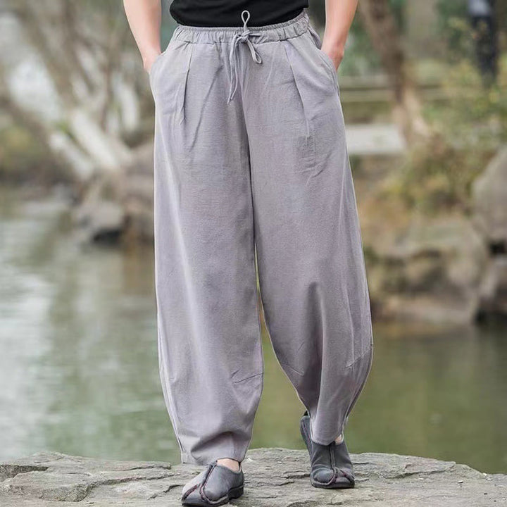 Buddha Stones Lässige, einfache Haremshose aus Baumwolle mit Kordelzug und Taschen für Herren - Hellgrau - US/ UK/AU46，EU56 (5XL) - image 9
