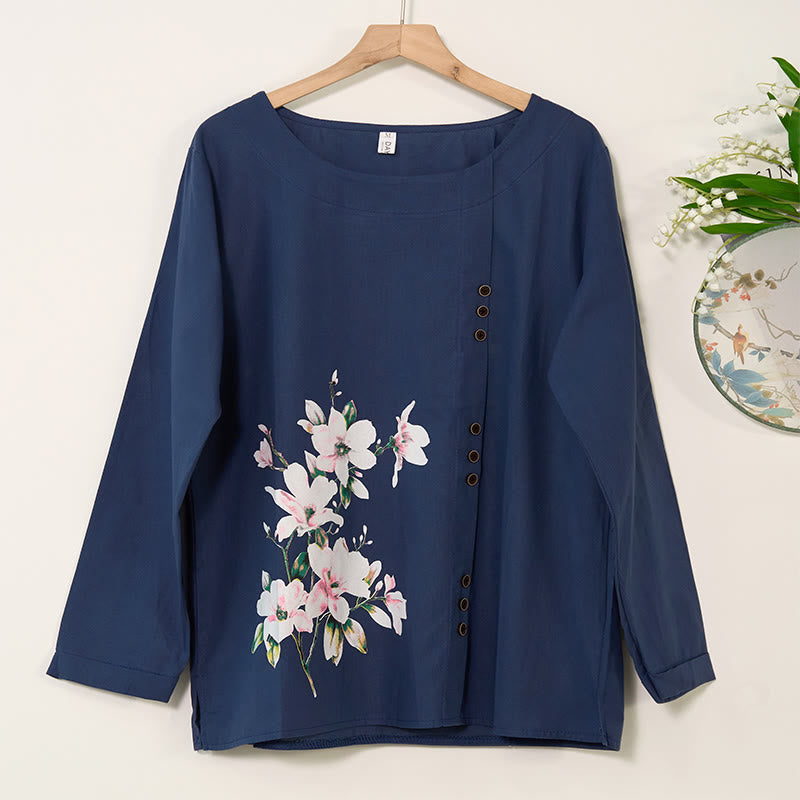 Buddha Stones Lässiges Blumen-Langarm-Rundhals-Shirt aus Baumwollleinen für Damen