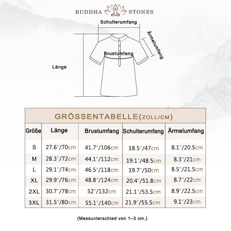 Buddha Stones Herrenhemd aus Baumwolle und Leinen mit kurzen Ärmeln und Knopfleiste