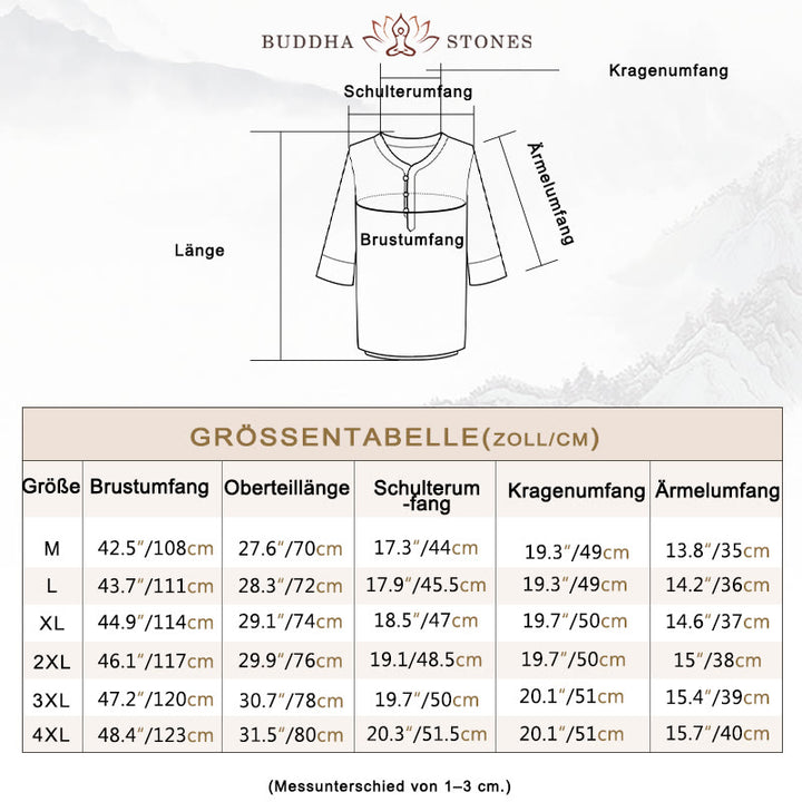 Buddha Stones Einfarbiges traditionelles Kurzarm-T-Shirt aus Baumwolle und Leinen für Herren