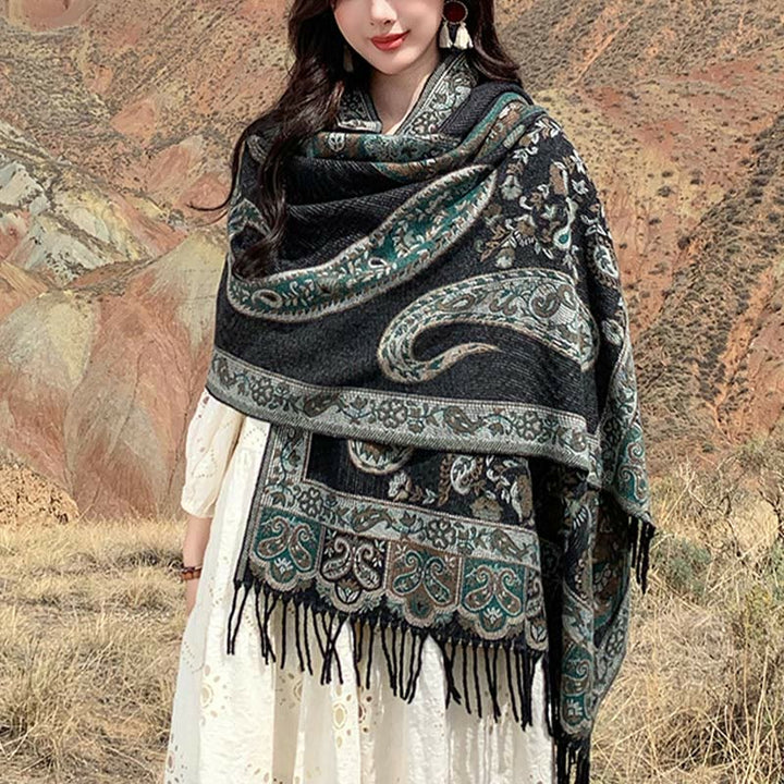 Buddha Stones, tibetischer Cashew-Blumen-Quastenschal, Herbst-Winter, gemütlicher Reiseschal, Wickeltuch - Dunkelseegrün - 180 x 65 cm - image 0