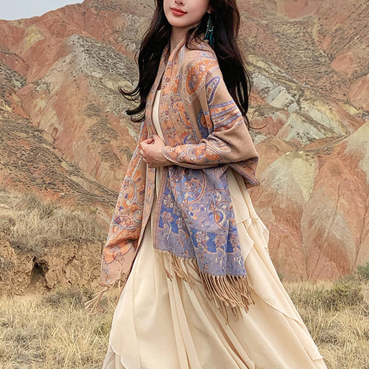 Buddha Stones, tibetischer Cashew-Blumen-Quastenschal, Herbst-Winter, gemütlicher Reiseschal, Wickeltuch - Khaki - 180 x 65 cm - image 30