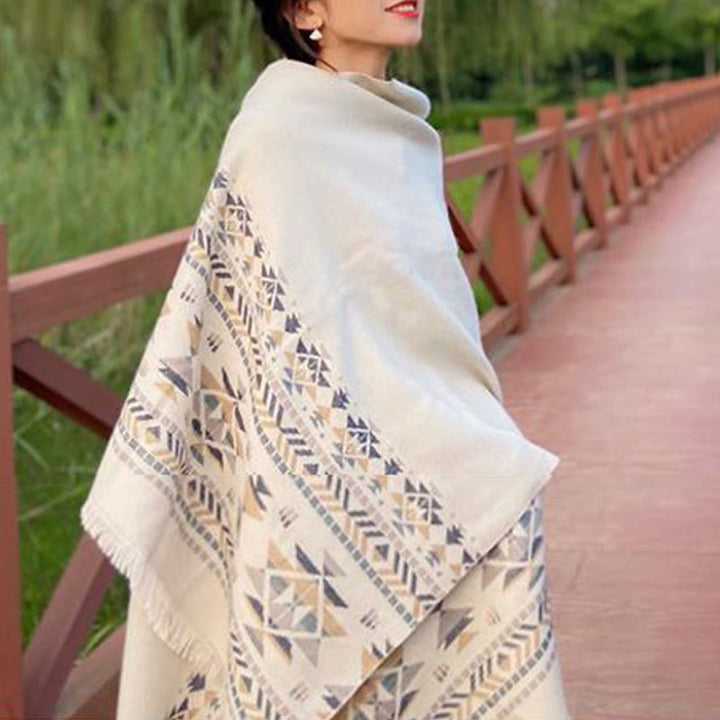 Buddha Stones Tibetischen Beige Geometrische Muster Quasten Schal Herbst Winter Warm Schal Wrap