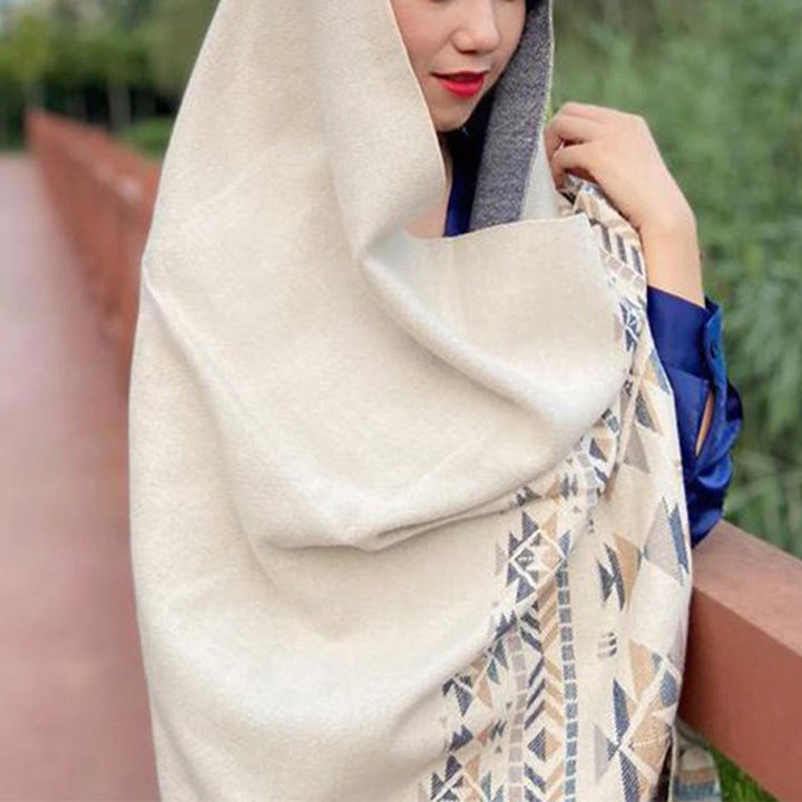 Buddha Stones Tibetischen Beige Geometrische Muster Quasten Schal Herbst Winter Warm Schal Wrap