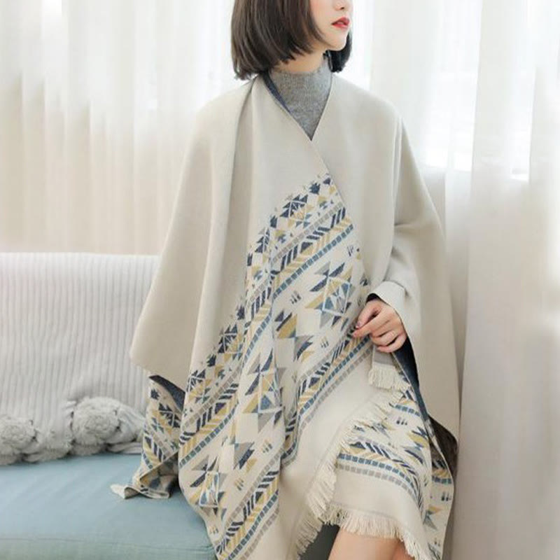 Buddha Stones Tibetischen Beige Geometrische Muster Quasten Schal Herbst Winter Warm Schal Wrap