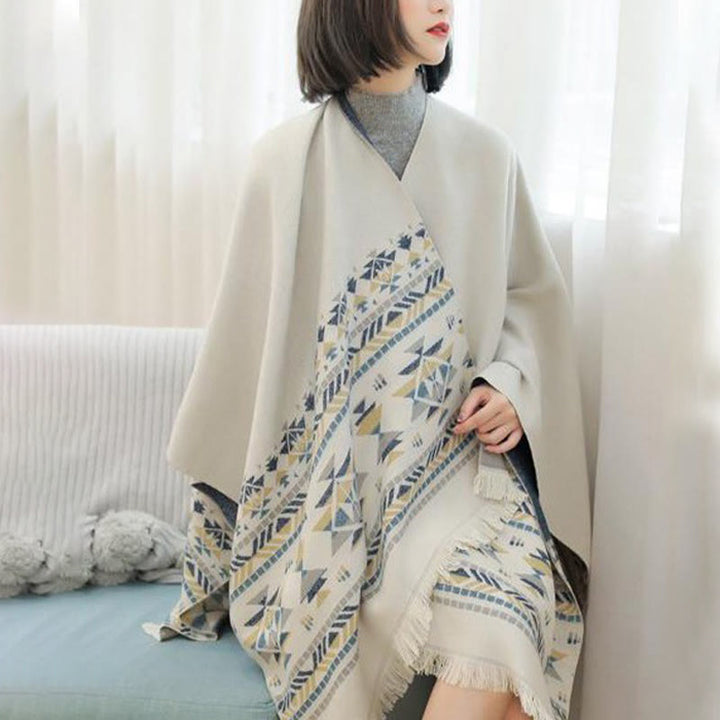 Buddha Stones ​​Tibetischen Beige Geometrische Muster Quasten Schal Herbst Winter Warm Schal Wrap - image 3