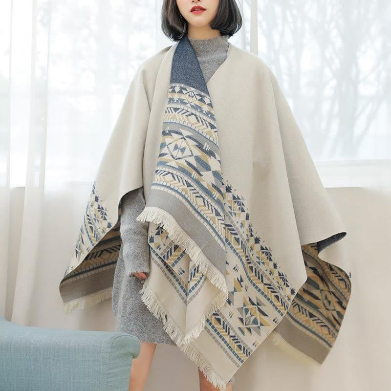 Buddha Stones ​​Tibetischen Beige Geometrische Muster Quasten Schal Herbst Winter Warm Schal Wrap - image 4