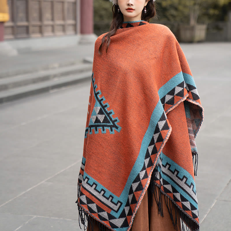 Buddha Stones, tibetisch, orange, geometrisches Rautenmuster, Quasten, Schal, Herbst/Winter, warmer Schal, Wickeltuch