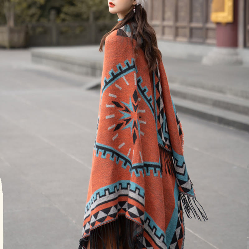 Buddha Stones, tibetisch, orange, geometrisches Rautenmuster, Quasten, Schal, Herbst/Winter, warmer Schal, Wickeltuch