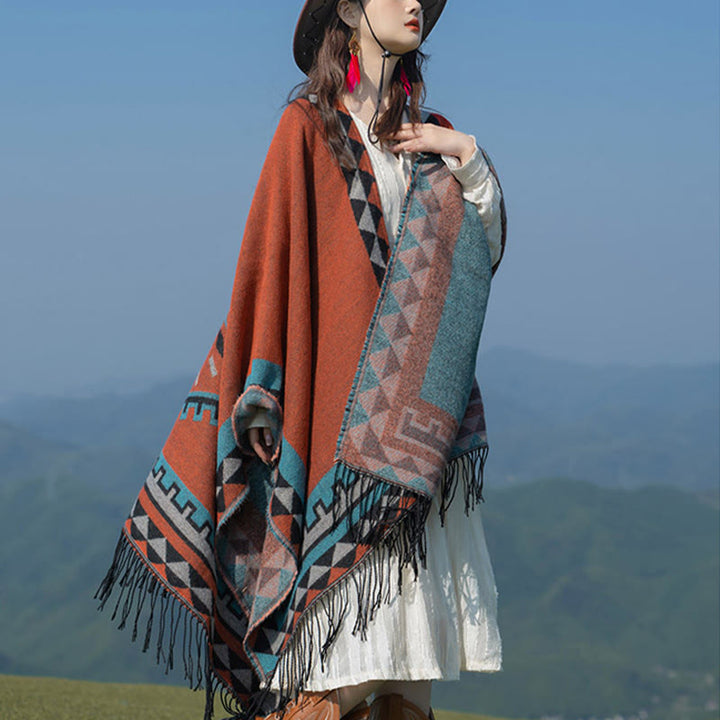 Buddha Stones, tibetisch, orange, geometrisches Rautenmuster, Quasten, Schal, Herbst/Winter, warmer Schal, Wickeltuch - image 3