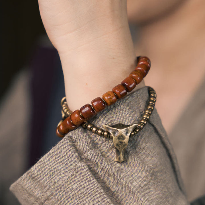 Buddha Stones, Yak-Knochen, Kupfer, Yak-Kopf, Kegel-Anhänger, doppelt gewickelt, Stärke-Armband