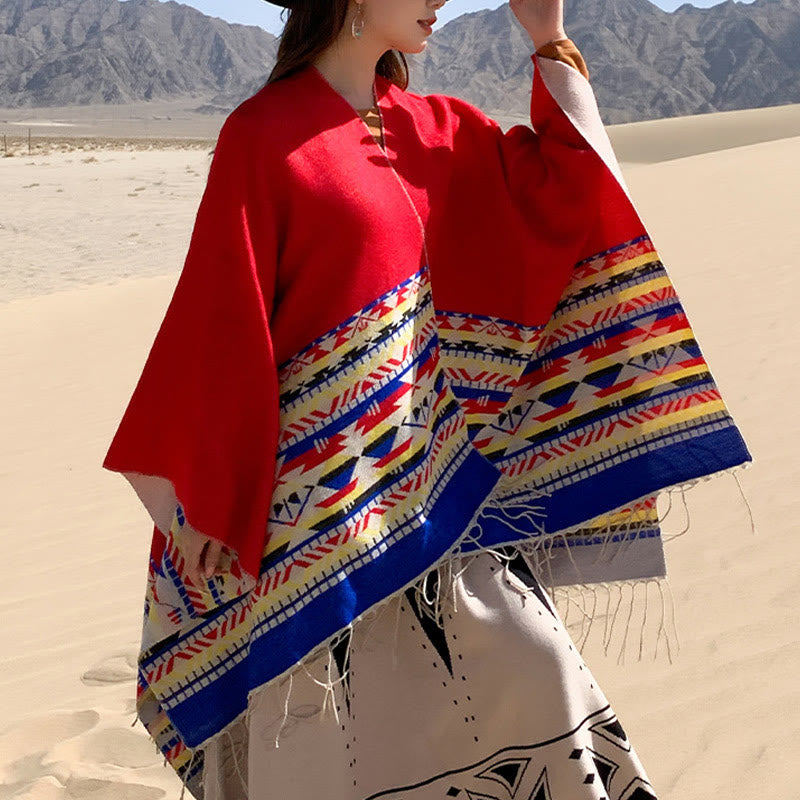 Buddha Stones, tibetisches geometrisches Rautenmuster, Quasten, Schal, Herbst/Winter, warm, gemütlich, Schal, Wickeltuch - Rot - 130 x 150 cm - image 29